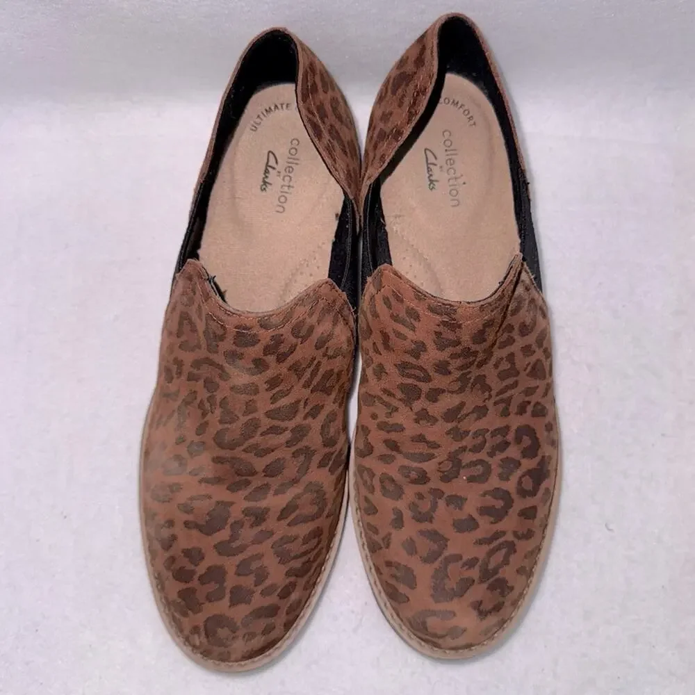 Women’s Clarks Suede Camzin Ultimate Comfort Leopard Print Shoes size 7.5